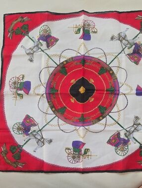 Celine Red, White & Gold Carriage Print Silk Scarf